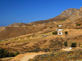 Ostrov Serifos, krajina s vinicou na sever od granitových balvanov