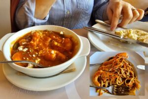 Krevety saganaki v paradajkovej omáčke s fetou a parmezánom a tygrie krevety so špagetami
